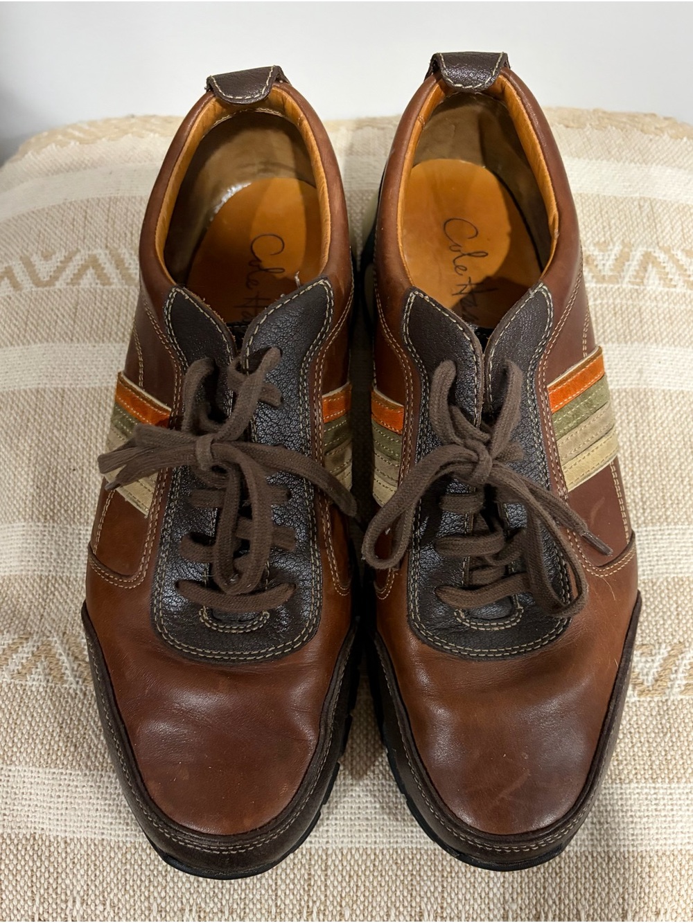 Cole Haan Brown Leather Sneakers with Orange and Green Stripe Accents